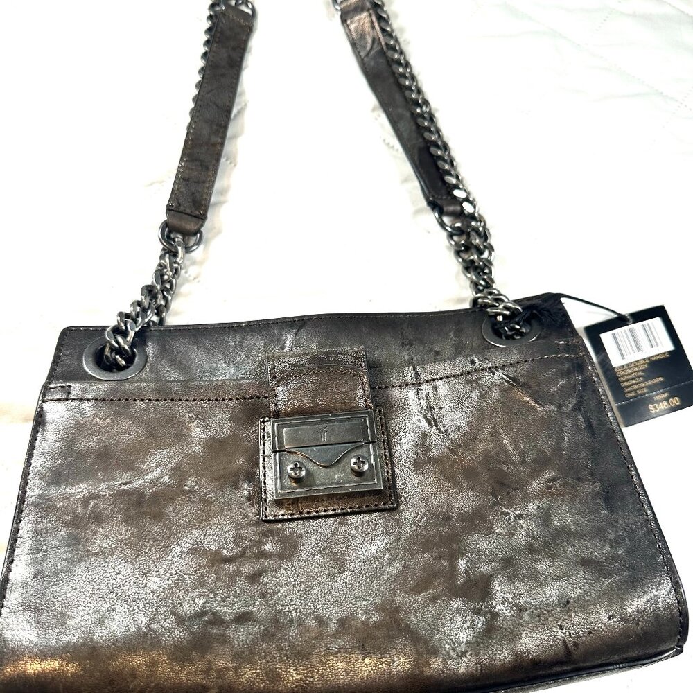 Brand‑New with Tags  Frye “Melissa Metallic” Medium Satchel – Distressed Silver